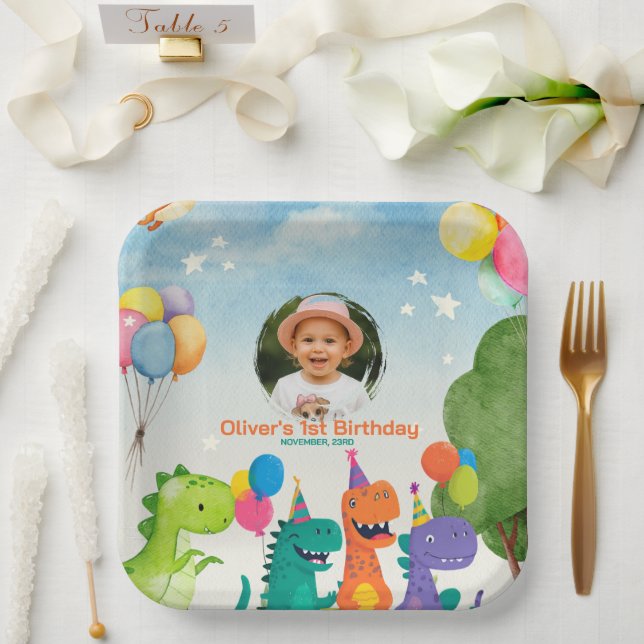 Plato De Papel Little Dino 1st Birthday Paper Plate (Boda)