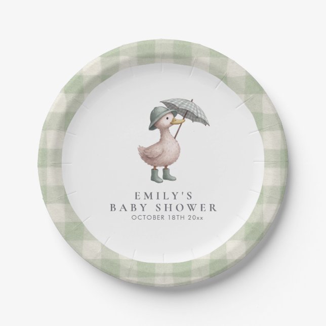 Plato De Papel Little Duckling Green Gender Neutral Baby Shower (Anverso)