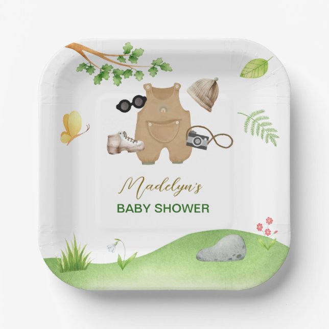 Plato De Papel Little Explorer Woodland Forest Hiking Baby Shower (Anverso)