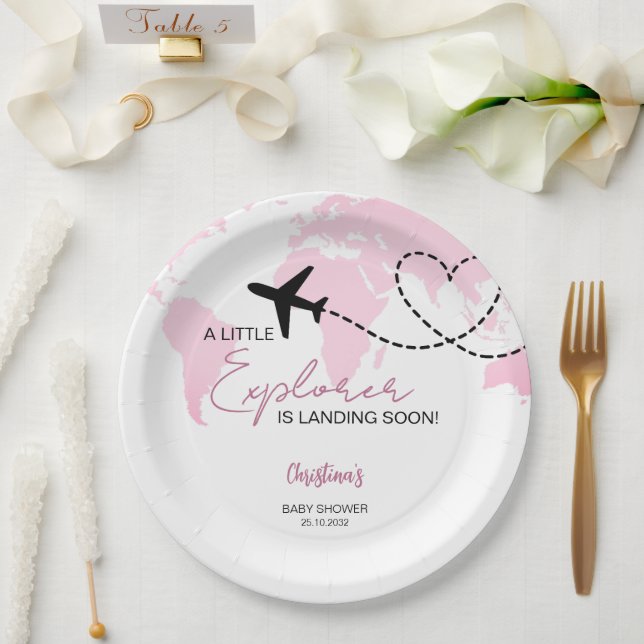Plato De Papel Little Explorer World Map Pink Baby Shower (Boda)