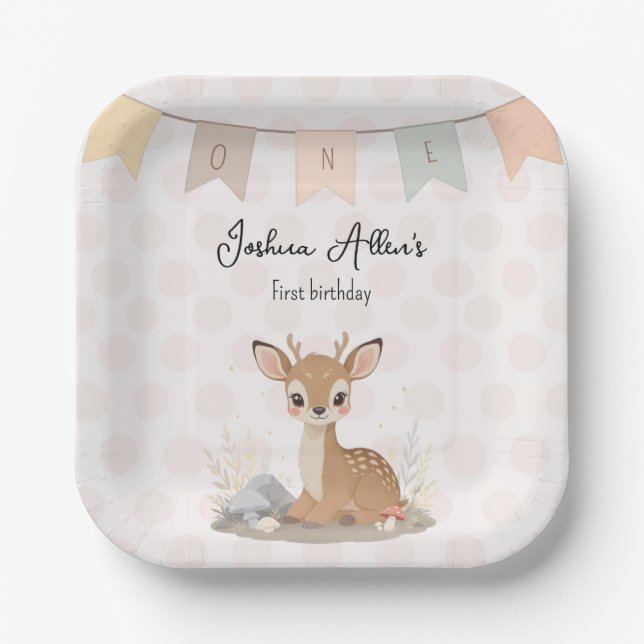 Plato De Papel Little Fawn Woodland First Birthday (Anverso)
