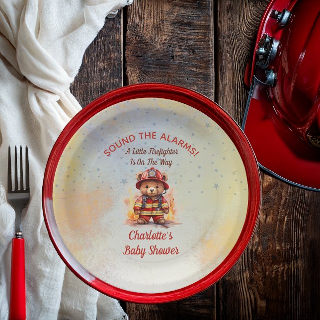 Plato De Papel Little Firefighter Teddy Bear Baby Shower  (Sound the Alarms!  A Little Firefighter Is On The Way Cute Teddy Bear Baby Shower Paper Plates)