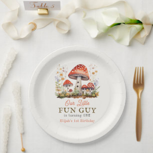Plato De Papel Little Fun Guy Mushroom Floral Boy Cumpleaños