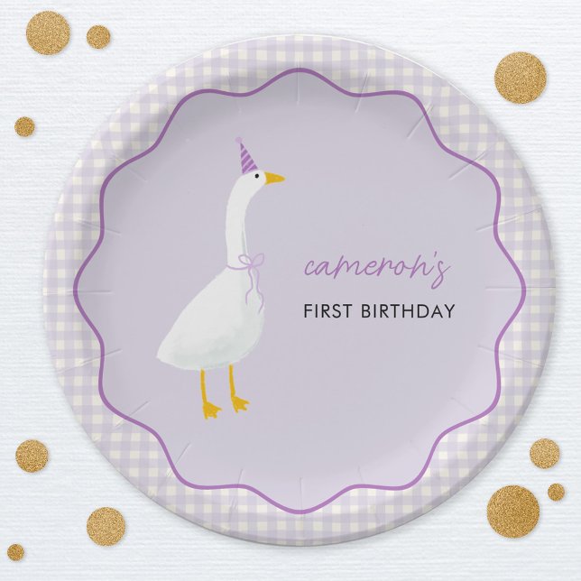 Plato De Papel Little Goose Gingham First Birthday (Little Goose personalized first birthday paper plates with wavy frame and lilac gingham check detail)