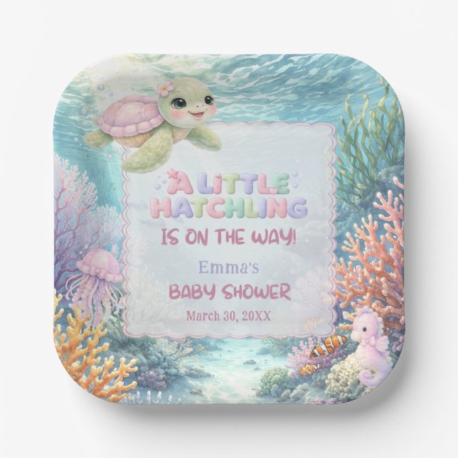 Plato De Papel Little Hatchling Sea Turtle Ocean Pink Baby Shower (Anverso)