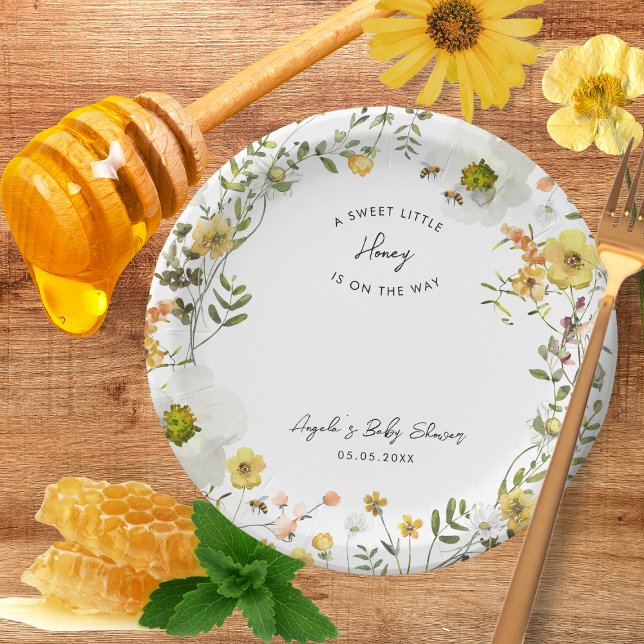 Plato De Papel Little Honey Bee Yellow Wildflowers Baby Shower (Subido por el creador)