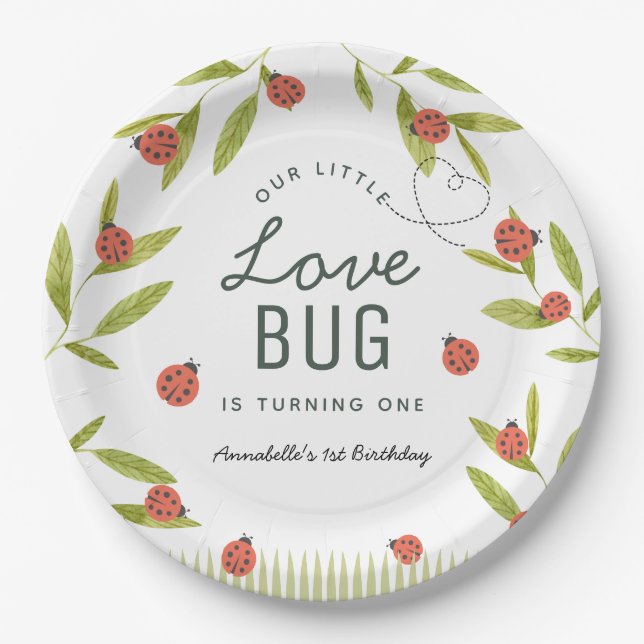 Plato De Papel Little Love Bug Ladybug Leaf Cumpleaños (Anverso)