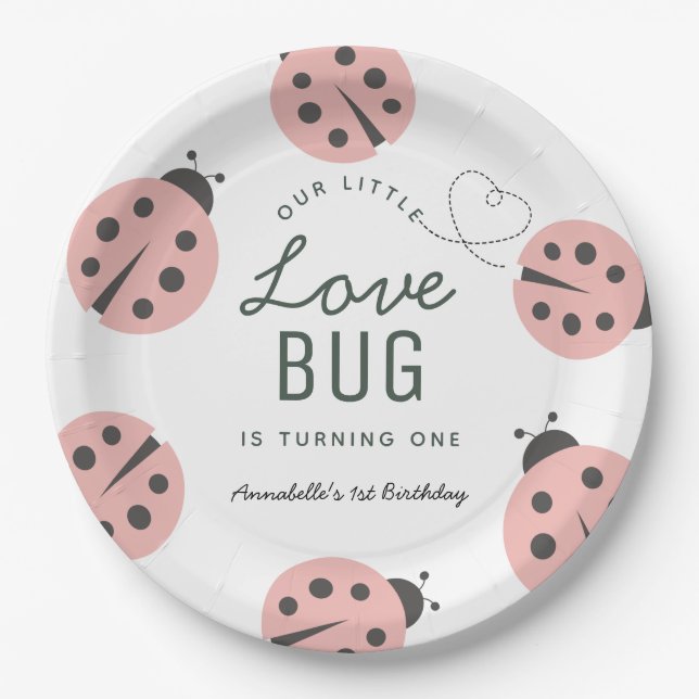 Plato De Papel Little Love Bug Pink Ladybug Birthday Paper Plates (Anverso)