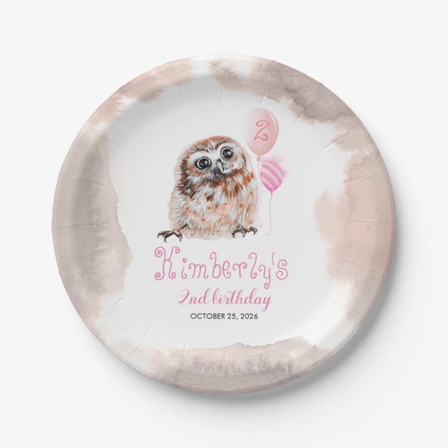Plato De Papel Little Owl Cute Pink Birday (Anverso)