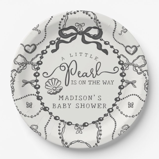 Plato De Papel Little Pearl Black Coquette Bow Baby Shower Plate (Anverso)