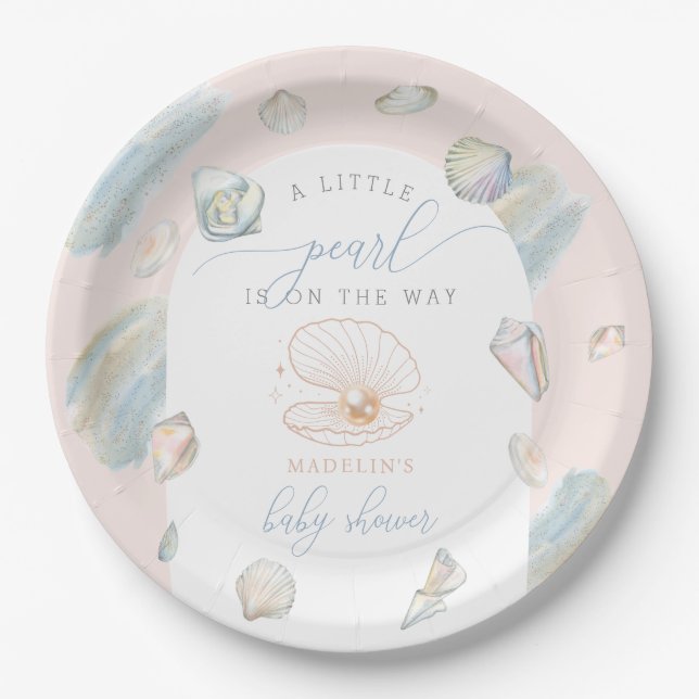 Plato De Papel Little Pearl Seashells Ocean Beach Baby Shower (Anverso)