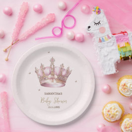 Plato De Papel Little Princess Crown Pearls Dots Baby Shower