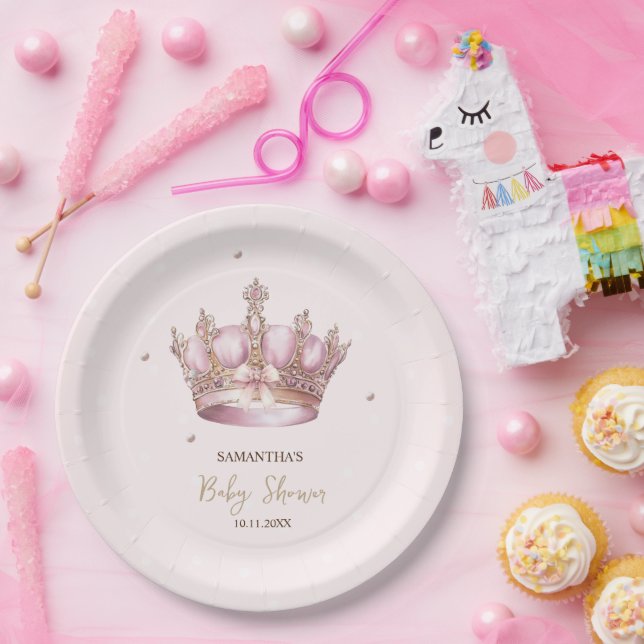 Plato De Papel Little Princess Crown Pearls Dots Baby Shower (Fiesta)