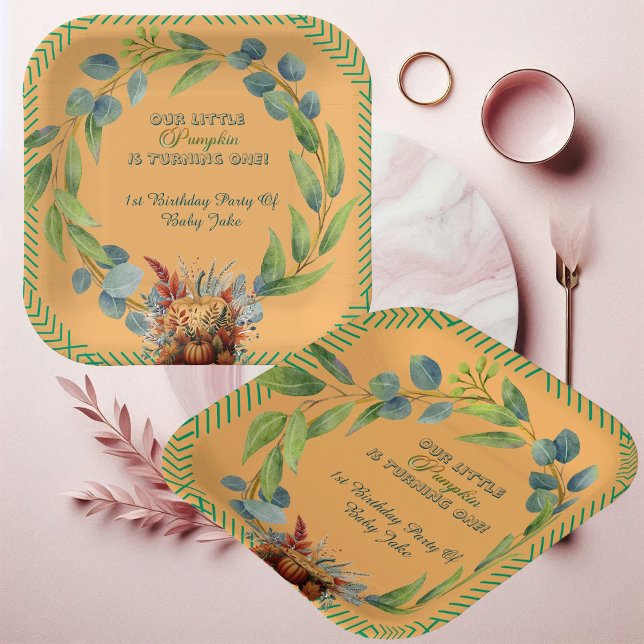 Plato De Papel Little Pumpkin Greenery Wreath Fall Pumpkin Peach  (Little Pumpkin Greenery Wreath Fall Pumpkin Peach Paper Plates)