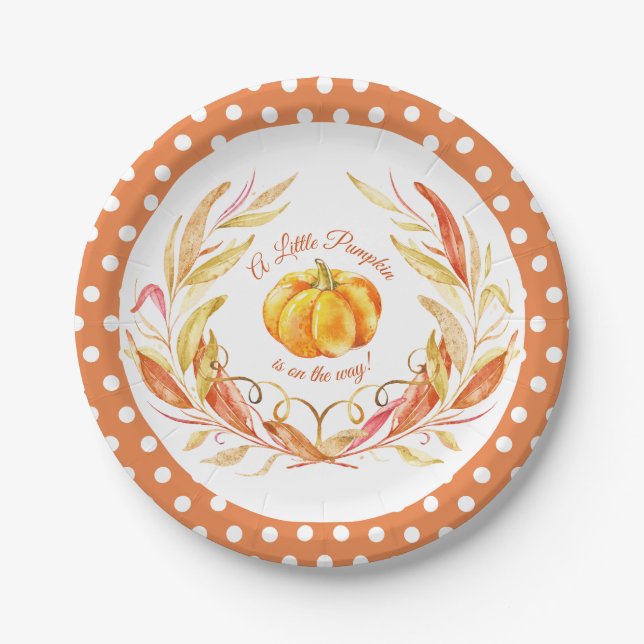 Plato De Papel Little Pumpkin Otumt Fall Baby Shower polkadot (Anverso)