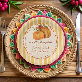 Plato De Papel Little pumpkin retro stripes baby shower monogram