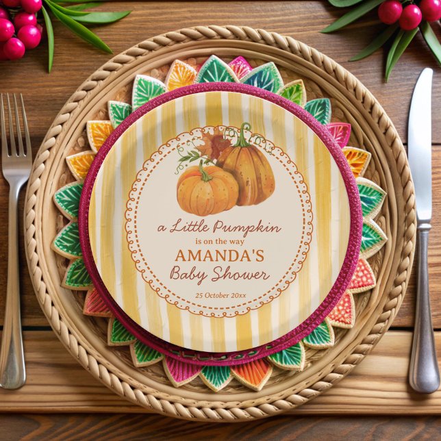 Plato De Papel Little pumpkin retro stripes baby shower monogram (Little pumpkin retro yellow stripes fall baby shower monogrammed paper plates personalized decor)