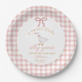 Plato De Papel Little Silly Goose Blush Pink Gingham Baby Shower 
