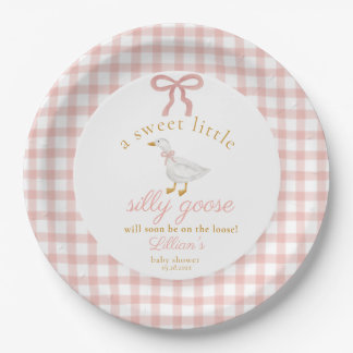 Plato De Papel Little Silly Goose Blush Pink Gingham Baby Shower 