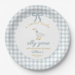 Plato De Papel Little Silly Goose Bow Baby Shower Blue Gingham 