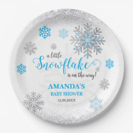 Plato De Papel Little Snowflake Blue Silver Glittery Baby Shower