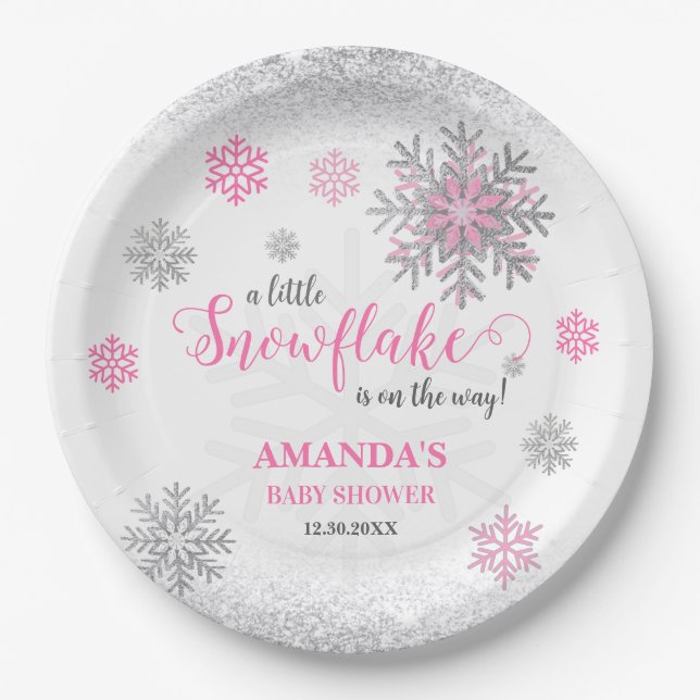 Plato De Papel Little Snowflake Pink Silver Glittery Baby Shower  (Anverso)