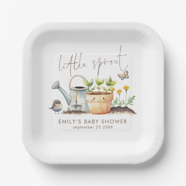 Plato De Papel Little Sprout Girl or Boy Garden Baby Shower  (Anverso)