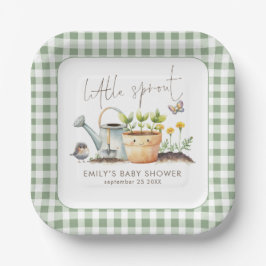 Plato De Papel Little Sprout Sage Gingham Garden Baby Shower