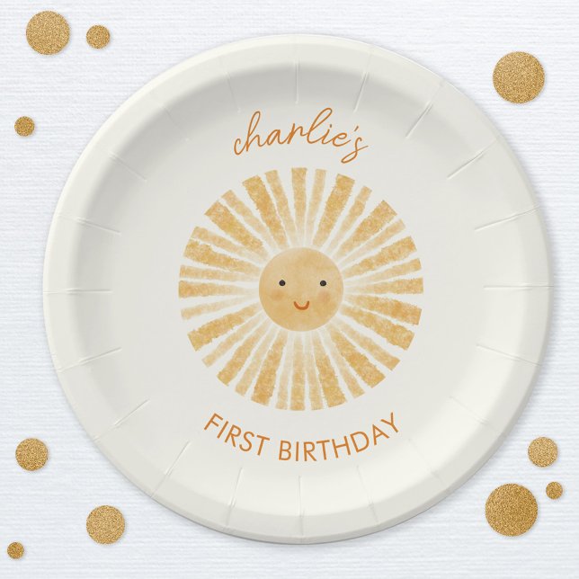 Plato De Papel Little Sunshine First Birday Personalizado (Little Sunshine happy watercolor personalized name first birthday party paper plates)