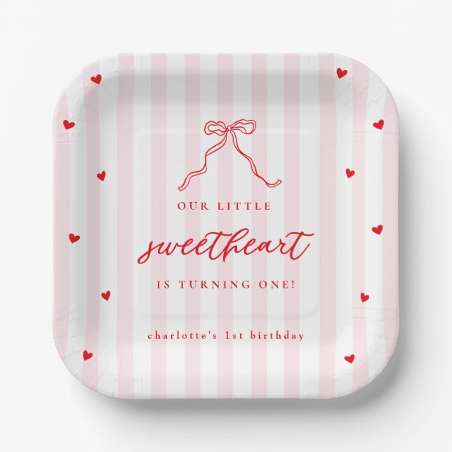 Plato De Papel Little Sweetheart Bow First Birthday (Anverso)