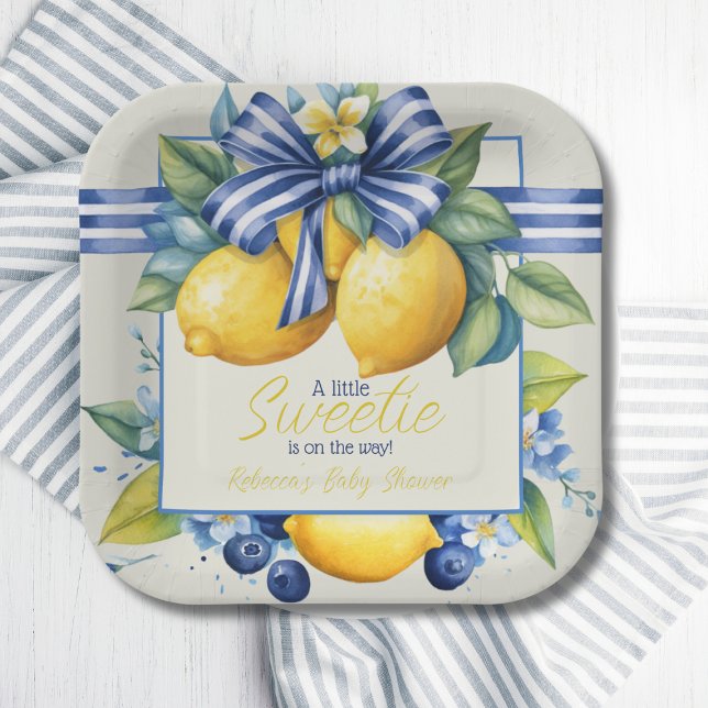 Plato De Papel Little Sweetie Blue Bow Tile Lemon Baby Shower (Subido por el creador)