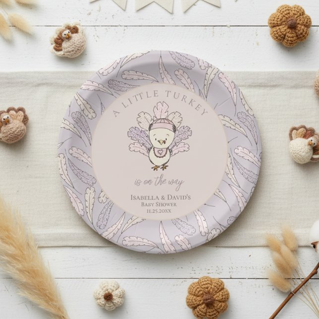 Plato De Papel Little Turkey Feathers Autumn Chica Baby Shower (Little Turkey Thanksgiving Baby Shower Plates. Pink, Purple Cute Baby Turkey & Feather Illustration )