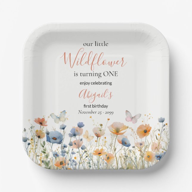 Plato De Papel Little Wildflower Butterfly Meadow 1st Birthday (Anverso)