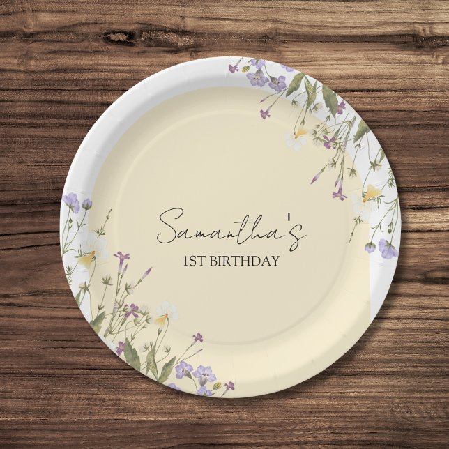 Plato De Papel Little Wildflower Floral Botánico 1er cumpleaños (Little wildflower birthday paper plates)