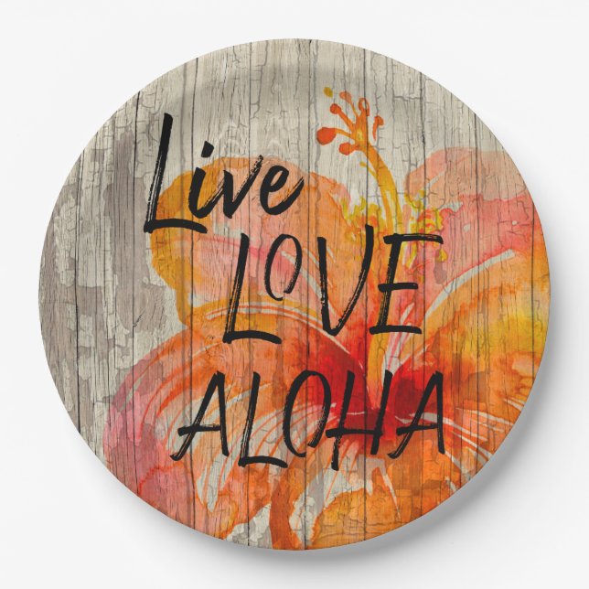 Plato De Papel Live Love Aloha Hibiscus Beach Rótulo (Anverso)