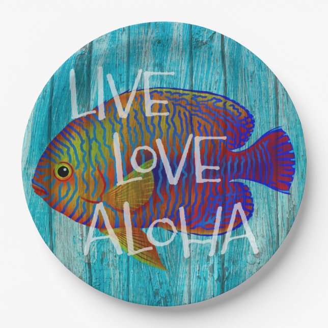 Plato De Papel Live Love Aloha Tropical Fish Beach Rótulo (Anverso)