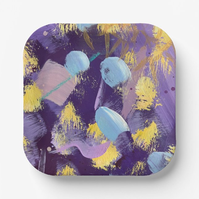 Plato De Papel Lively Purple and Blue Abstract Art (Anverso)