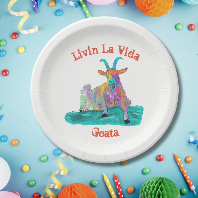 Plato De Papel Livin La Vida Goata Graciosa Gritando Diseño De Ca (Funny screaming goat joke livin la Vida goata summer paper plate colorful farm animal art)