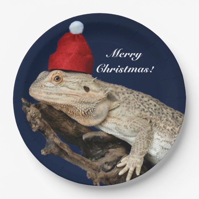 Plato De Papel Lizard Dragon con barba personalizada - Santa Hat (Anverso)