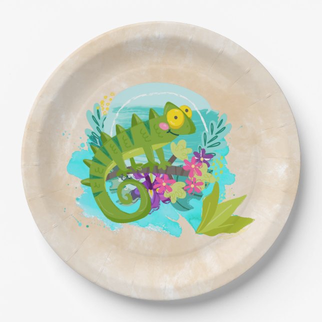 Plato De Papel Lizard tropical verde con flores (Anverso)