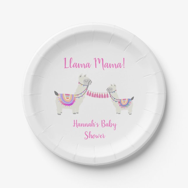 Plato De Papel Llama a mamá caliente rosa y blanco (Anverso)