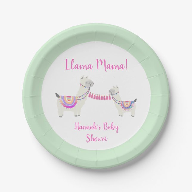 Plato De Papel Llama a Mama Mint Pink Mint Green Cute Baby Shower (Anverso)