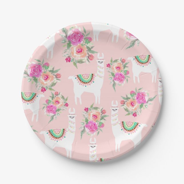 Plato De Papel Llama acuarela sobre rosa coral (Anverso)