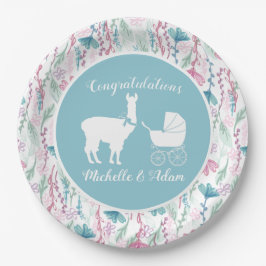Plato De Papel Llama Baby Shower Cute Blue Boy