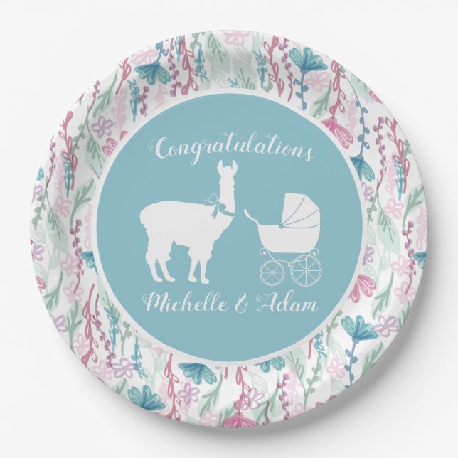 Plato De Papel Llama Baby Shower Cute Blue Boy (Anverso)