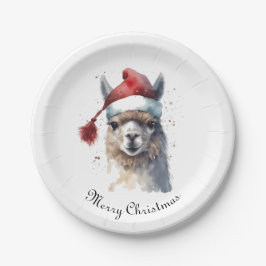 Plato De Papel Llama de Navidad con sombrero de Santa con texto p