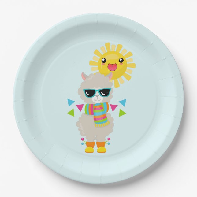 Plato De Papel Llama genial y sol kawaii sonriente (Anverso)