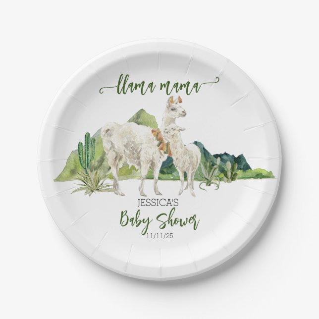 Plato De Papel Llama Mama Baby Shower Watercolor (Anverso)