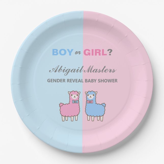 Plato De Papel Llama: Revelación de género Baby Shower (Anverso)