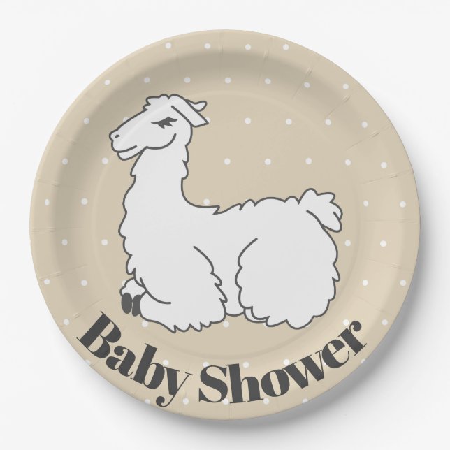 Plato De Papel Llama sonriente y Baby Shower de puntos blancos su (Anverso)